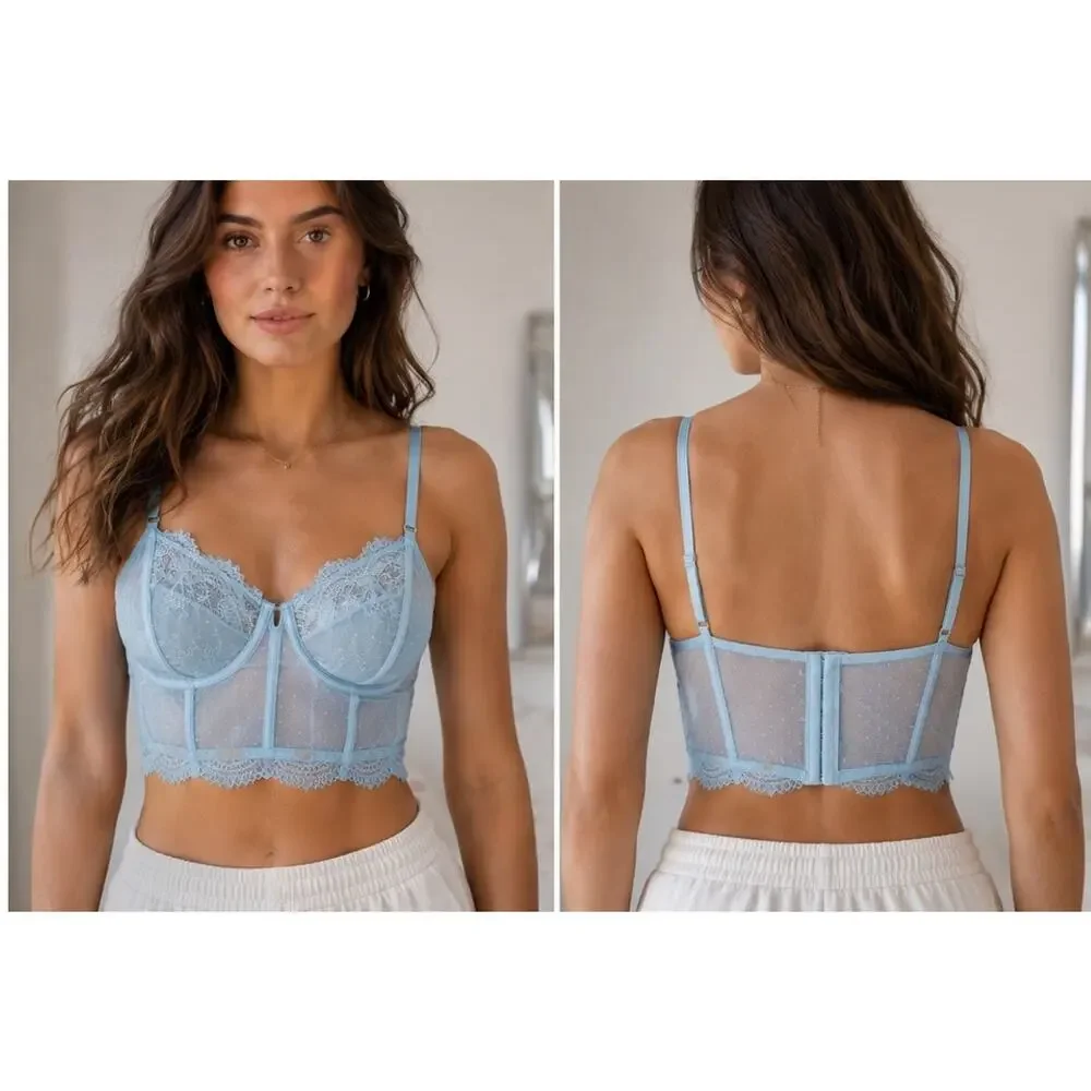 NWT Auden Blue Lace Mesh Bustier Bra Crop Top Medium